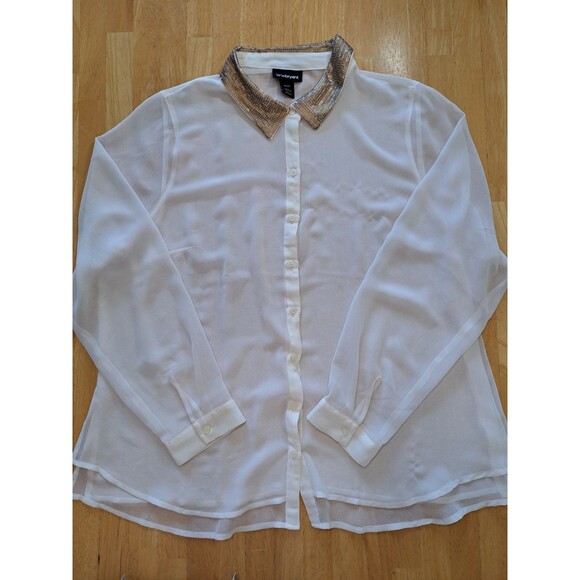Lane Bryant Sequin Collar Cream Button Down Sheer Blouse Size 18-20 - Picture 1 of 11